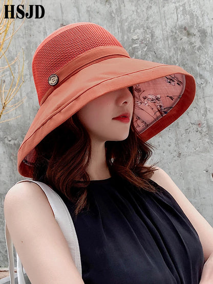 Chapeau de Soleil Femme Large Bord Fleur - Protection UV Plage Pliable Mesh Été