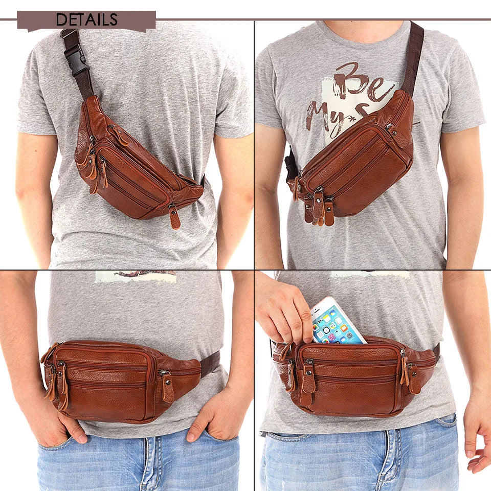Sac Banane Homme Cuir Véritable Marron - Pochette Ceinture Téléphone Messenger Voyage