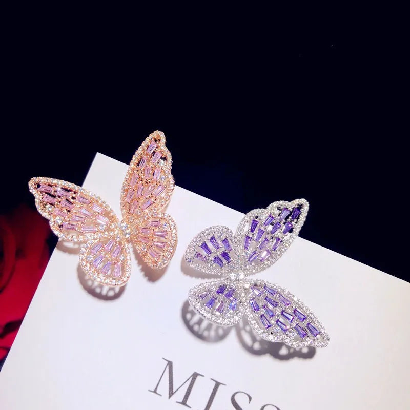 Broche Papillon Argent 925 Zircons Cubiques Rose Violet – Bijou Fin Ajouré Luxe Femme