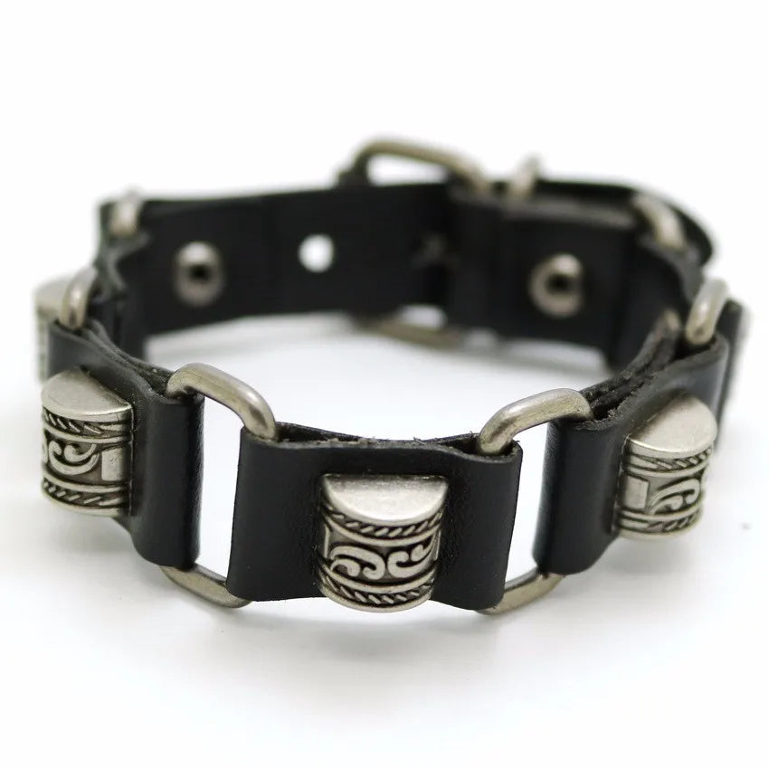Bracelet Cuir Rétro Punk Croix - Chaîne Argent Tibétain Unisexe