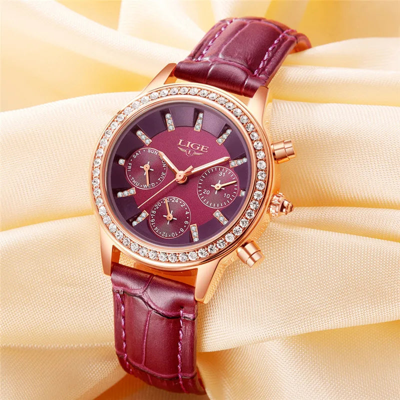 Montre Femme LIGE Luxe Cuir Quartz Diamants - Montre Élégante Cadeau Coffret