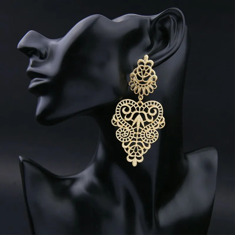 Boucles d'Oreilles Pendantes Feuilles Fleurs Ajourées - Statement Bohème Exagéré