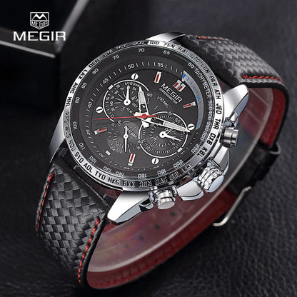 Montre Homme MEGIR Quartz Cuir Étanche - Fashion Casual Noir Blanc Relogio Masculino 1010