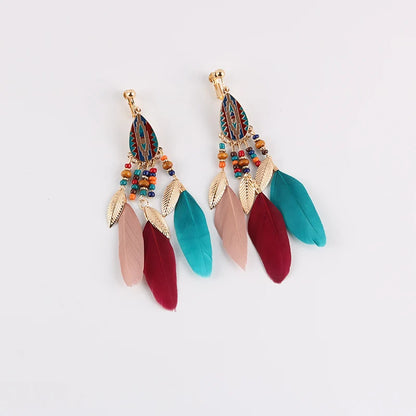 Boucles Oreilles Clips Plumes Pompons Bohème – Sans Perçage Longues Femme