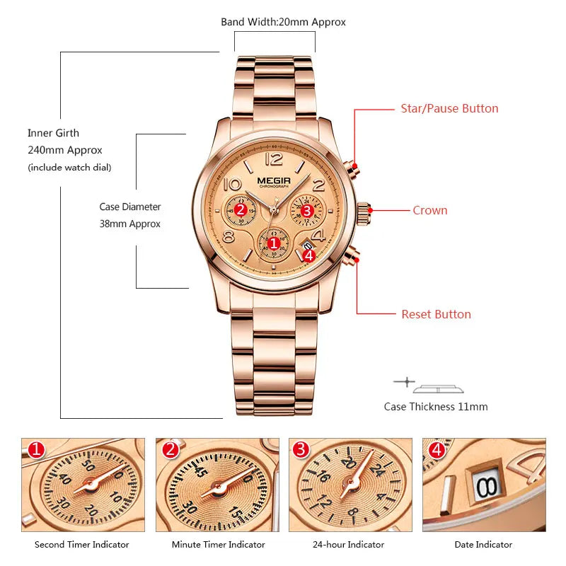 Montre MEGIR Femme Chronographe - Quartz Or Rose Luxe Bracelet Acier
