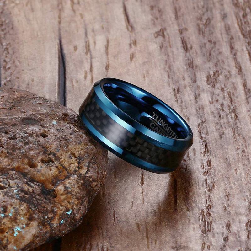 Bague Tungstène Bleu Homme 8mm - Alliance Mariage Fibre Carbone Vnox