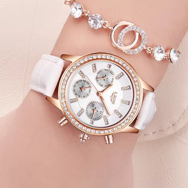Montre Femme LIGE Luxe Cuir Quartz Diamants - Montre Élégante Cadeau Coffret