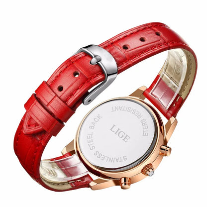 Montre Femme LIGE Luxe Cuir Quartz Diamants - Montre Élégante Cadeau Coffret