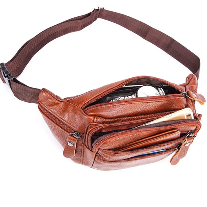 Sac Banane Homme Cuir Véritable Marron - Pochette Ceinture Téléphone Messenger Voyage