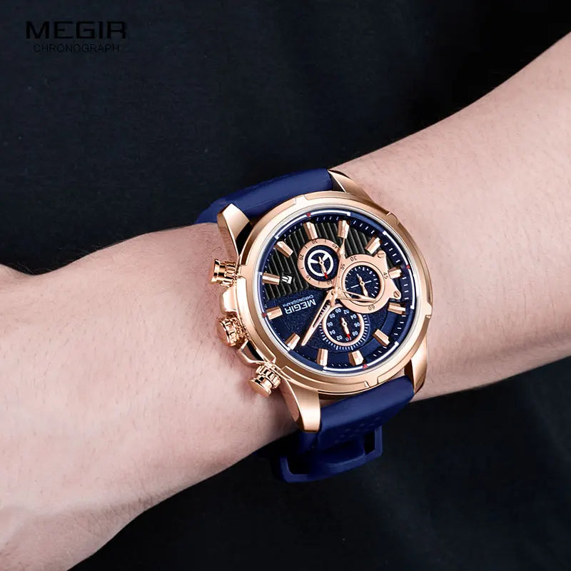 Montre MEGIR Homme Chronographe - Bracelet Silicone Bleu Rose Quartz Sport
