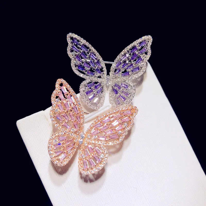 Broche Papillon Argent 925 Zircons Cubiques Rose Violet – Bijou Fin Ajouré Luxe Femme