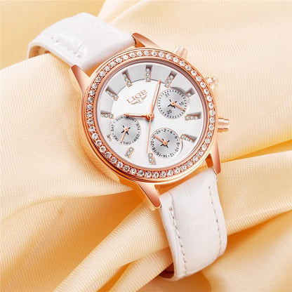 Montre Femme LIGE Luxe Cuir Quartz Diamants - Montre Élégante Cadeau Coffret