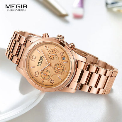 Montre MEGIR Femme Chronographe - Quartz Or Rose Luxe Bracelet Acier