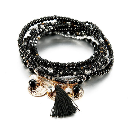 Bracelet Bohème Multicouche Femme - Perles Verre Pampille Or - Bijoux Fantaisie