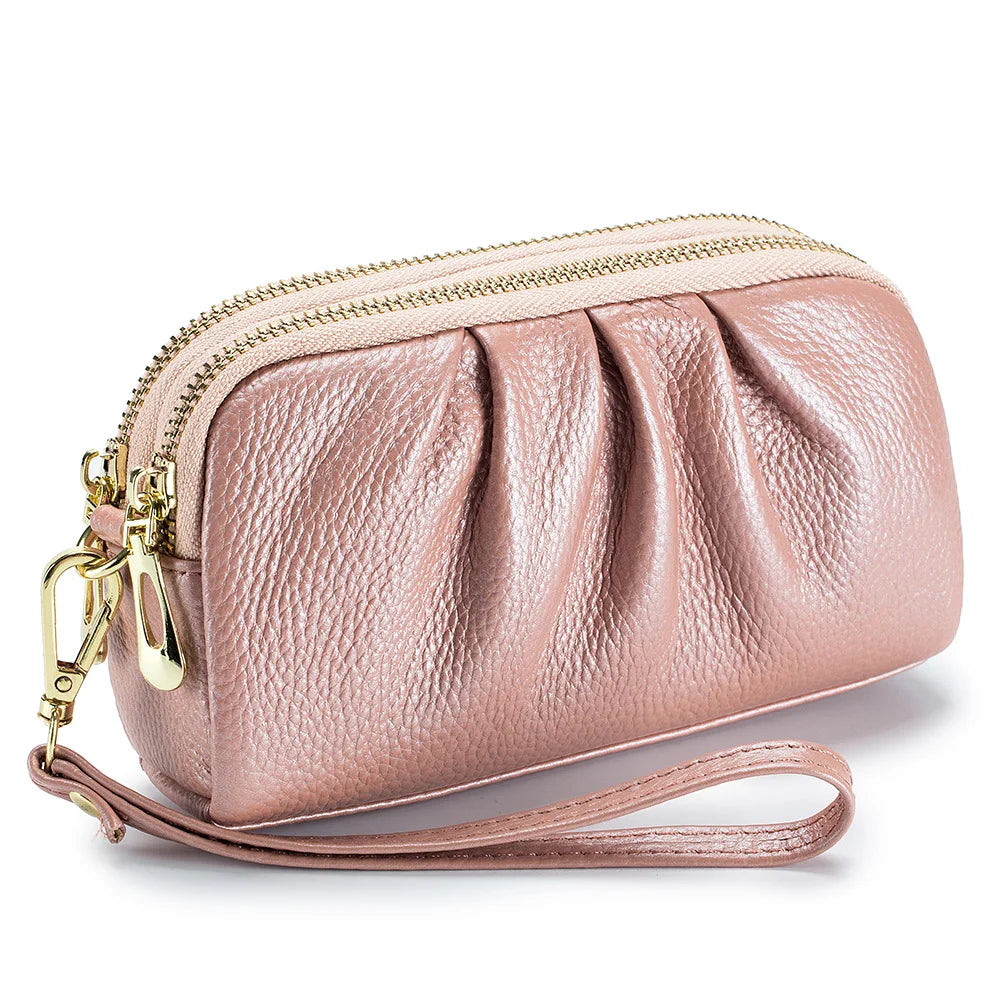 Portefeuille Femme Cuir Véritable Grande Capacité - Porte-Monnaie Long Zippé Multifonction avec Dragonne