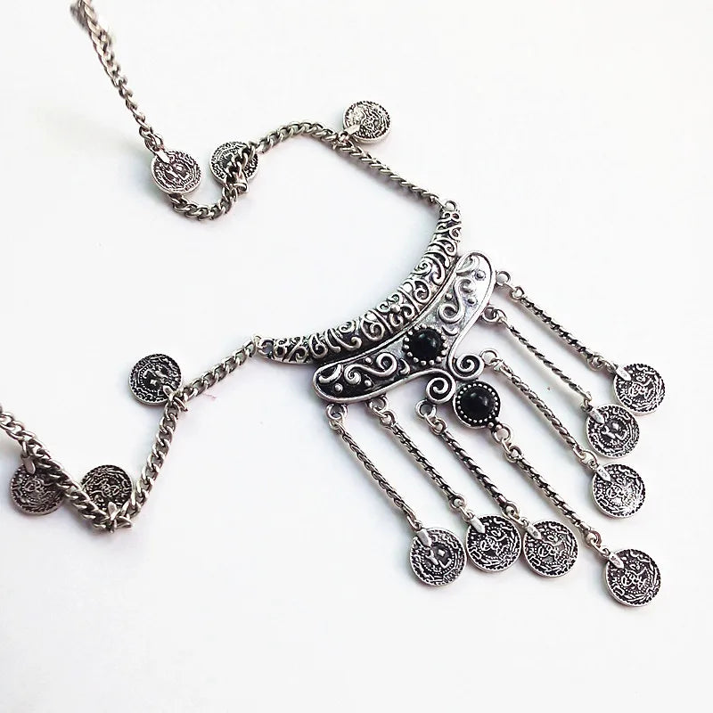 Collier Long Bohème Pièces Pompons – Sautoir Statement Gypsy Vintage