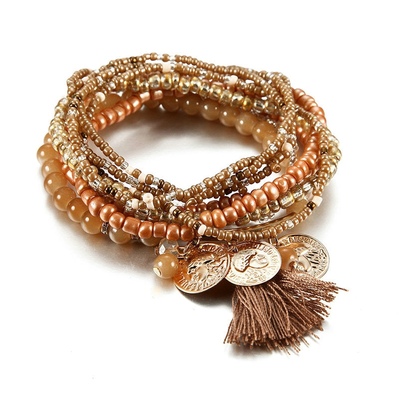 Bracelet Bohème Multicouche Femme - Perles Verre Pampille Or - Bijoux Fantaisie