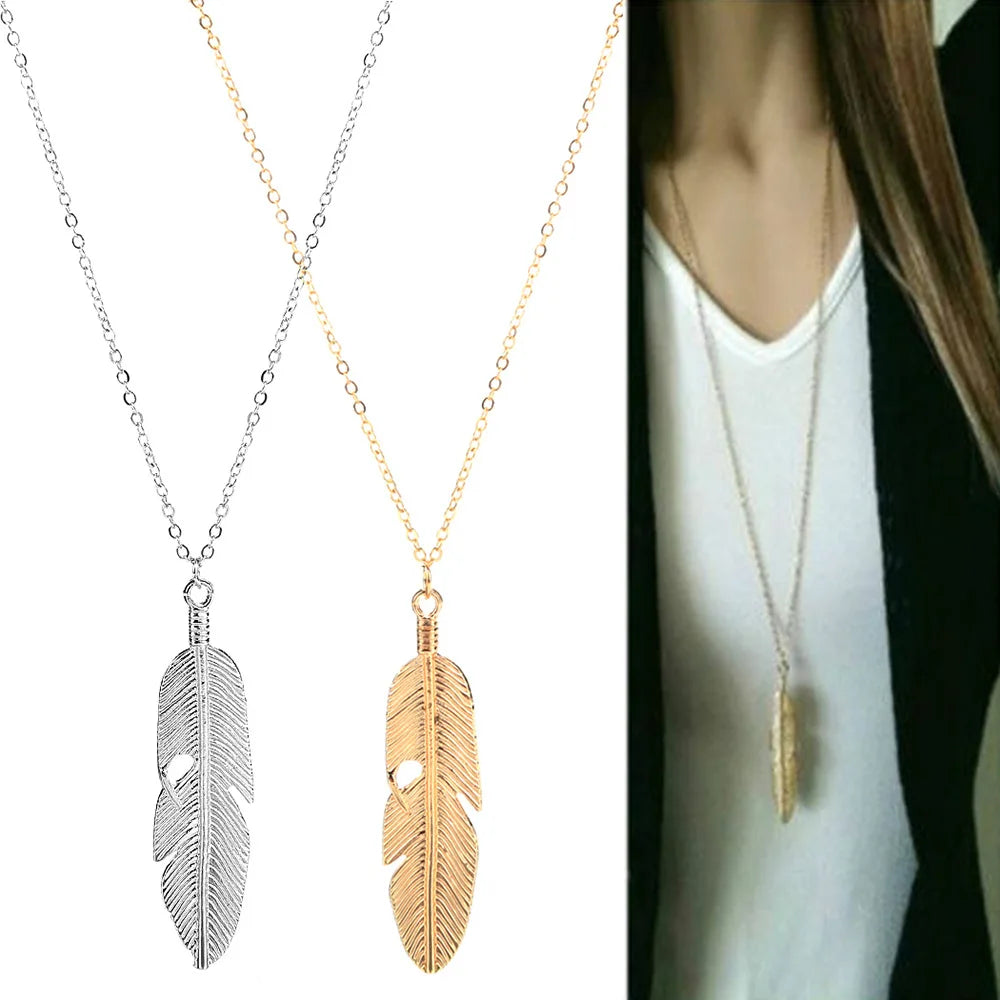 Collier Longue Chaîne Plume Feuille – Pendentif Tendance Pull Unisexe