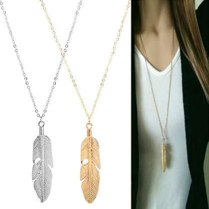 Collier Longue Chaîne Plume Feuille – Pendentif Tendance Pull Unisexe