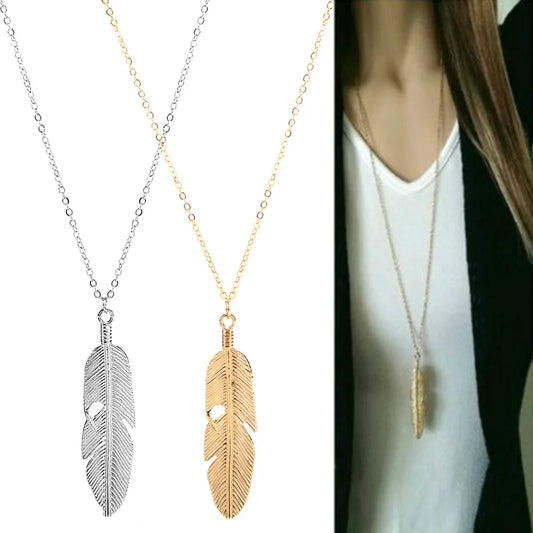 Collier Longue Chaîne Plume Feuille – Pendentif Tendance Pull Unisexe