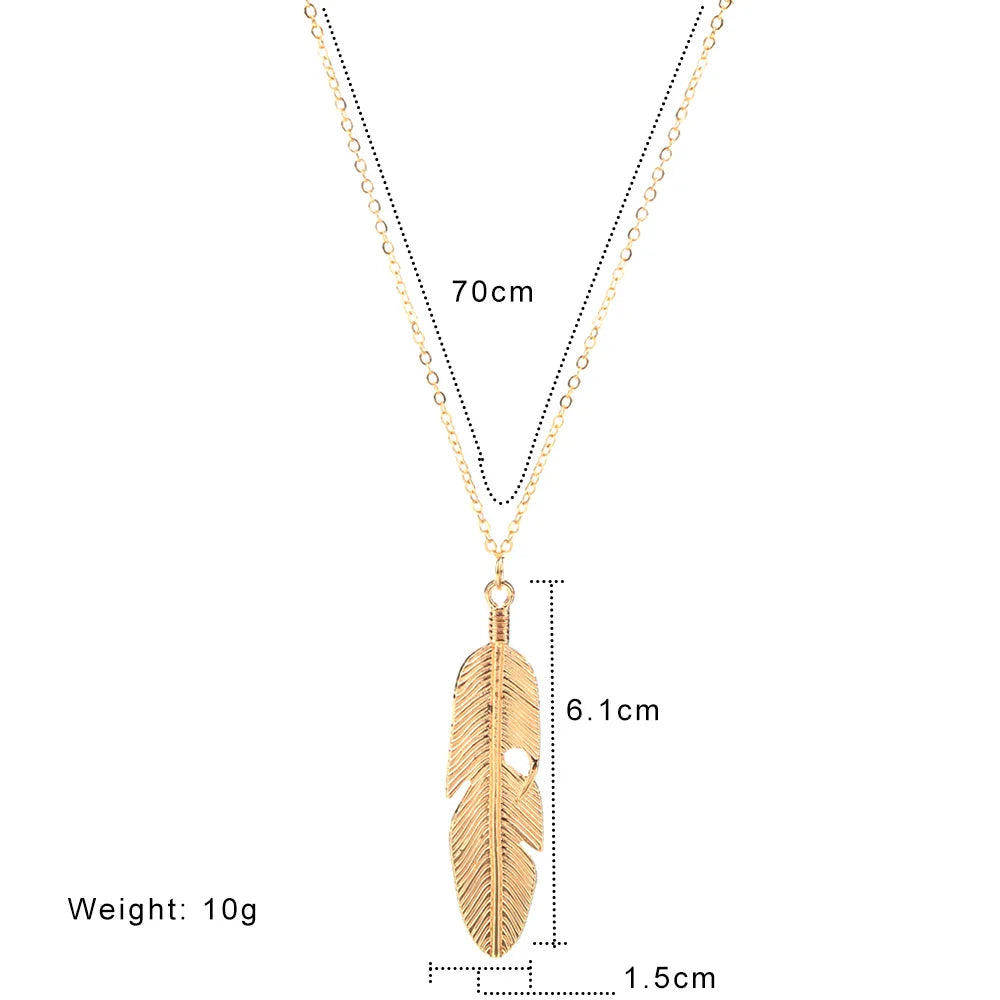 Collier Longue Chaîne Plume Feuille – Pendentif Tendance Pull Unisexe