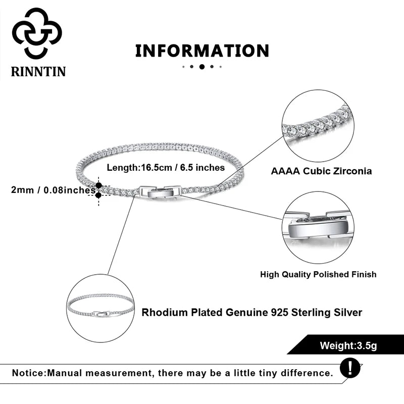 Bracelet Tennis Femme Argent 925 Rinntin - Zircone Cubique 2mm 3mm 4mm Luxe