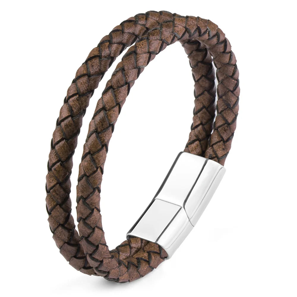 Bracelet Cuir Véritable Double Corde Tressée Homme – Fermoir Magnétique Acier