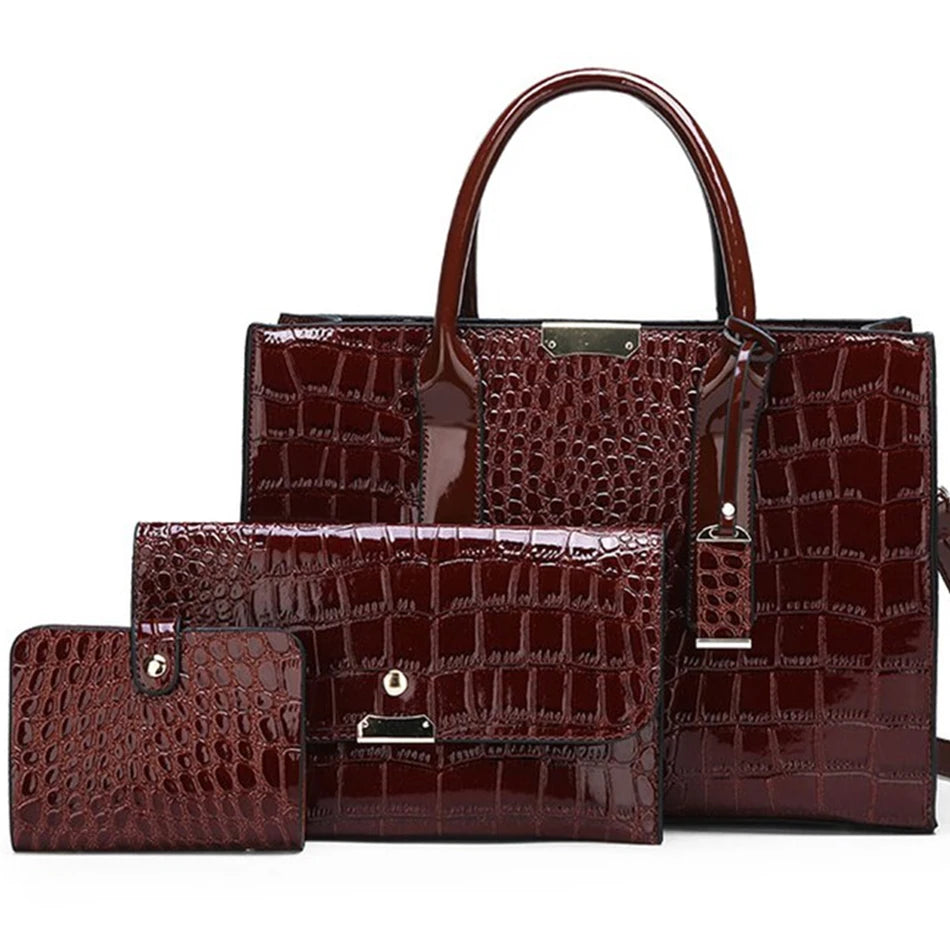 Sac Tote Femme Cuir Verni Motif Crocodile - Luxe Designer Grande Capacité Marron