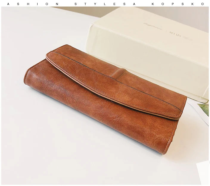 Portefeuille Femme Vintage Cuir PU Long Trifold - Pochette avec Fermoir et Compartiment Téléphone