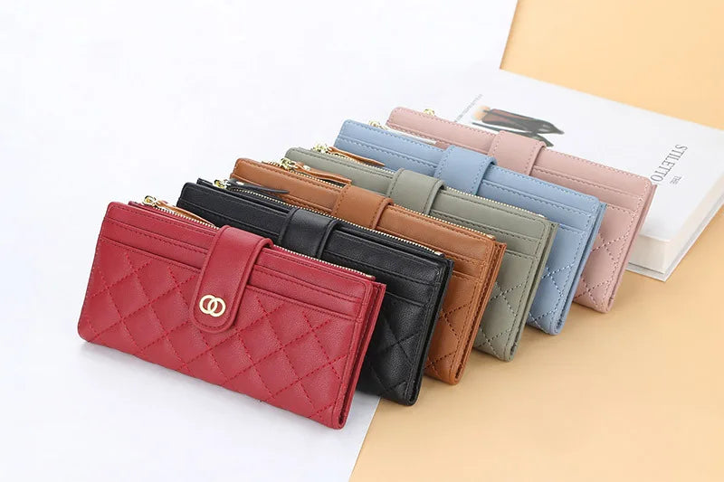 Portefeuille Femme Cuir PU Long Motif Carreaux - Wallet Zipper Porte-Cartes Bleu
