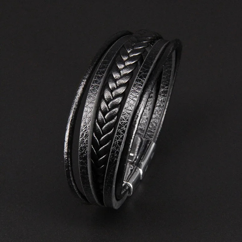 Bracelet Cuir Vachette Multicouche Tressé Homme – Fermoir Magnétique Vintage