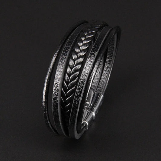 Bracelet Cuir Vachette Multicouche Tressé Homme – Fermoir Magnétique Vintage