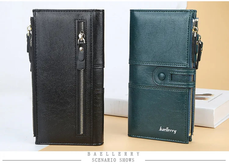Portefeuille Femme Long Cuir Classique - Porte-Cartes avec Fermeture Éclair