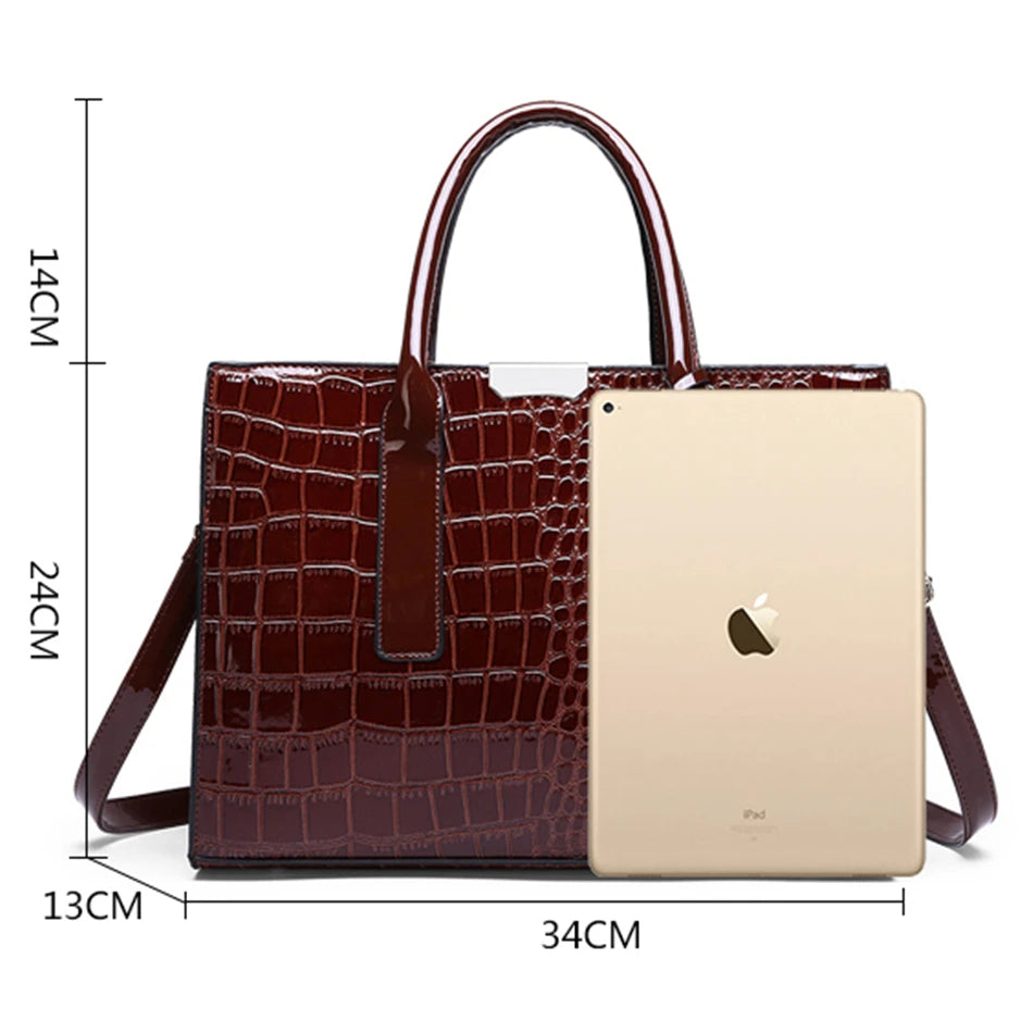 Sac Tote Femme Cuir Verni Motif Crocodile - Luxe Designer Grande Capacité Marron