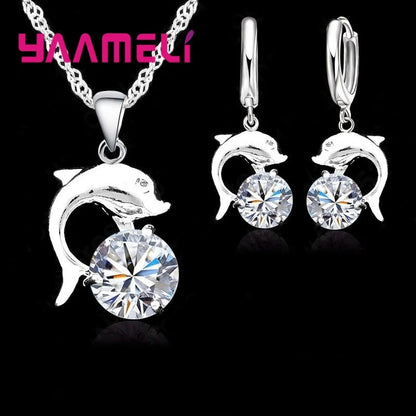 Set Bijoux Argent Sterling 925 Dauphin CZ Femme - Collier Pendentif Boucles Oreilles Mariage Fiançailles