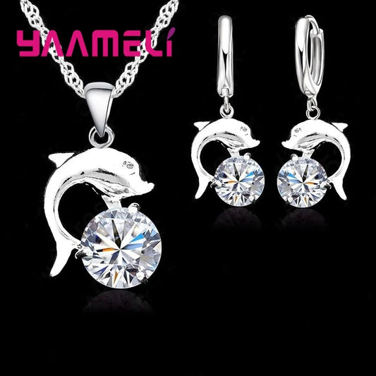 Set Bijoux Argent Sterling 925 Dauphin CZ Femme - Collier Pendentif Boucles Oreilles Mariage Fiançailles