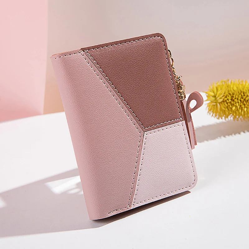 Portefeuille Femme Court avec Pompon - Porte-Monnaie PU Bicolore