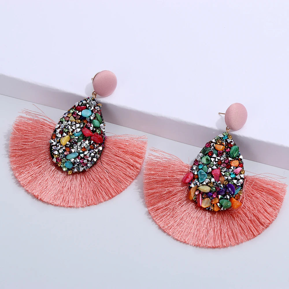 Boucles d'Oreilles Bohème Pampilles Sequins - Bijoux Femme Cristal Coloré Pendantes