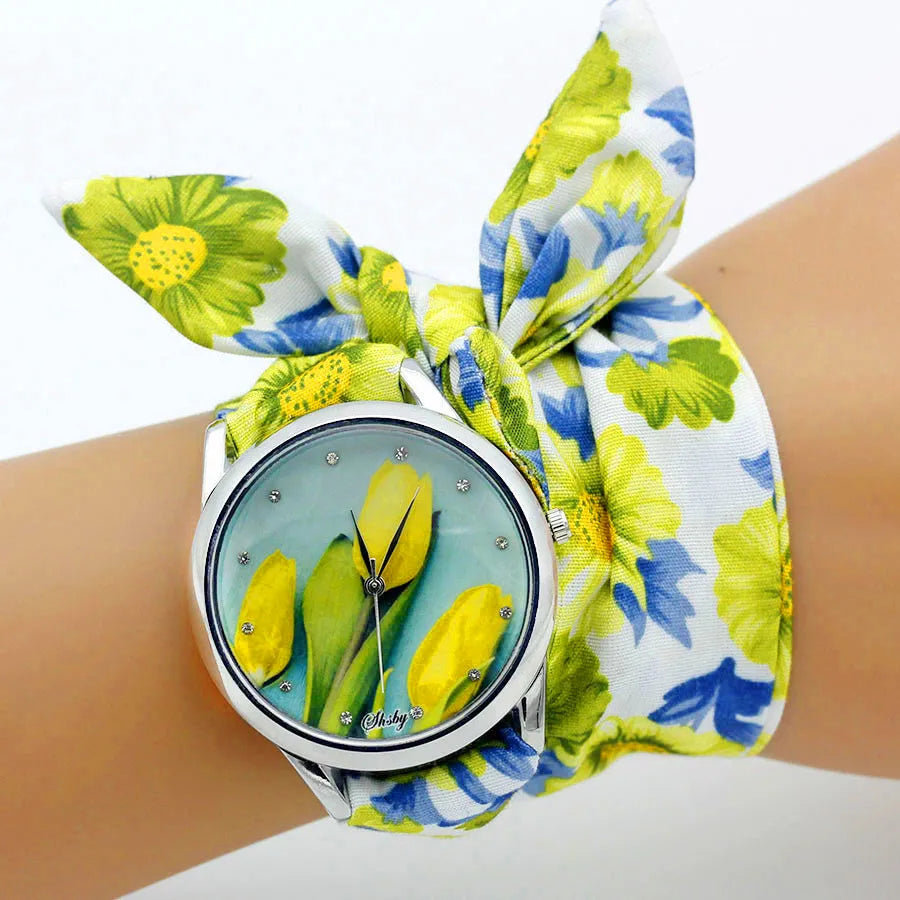 Montre Bracelet Tissu Fleuri Femme - Montre Poignet Fleurs Design Élégant