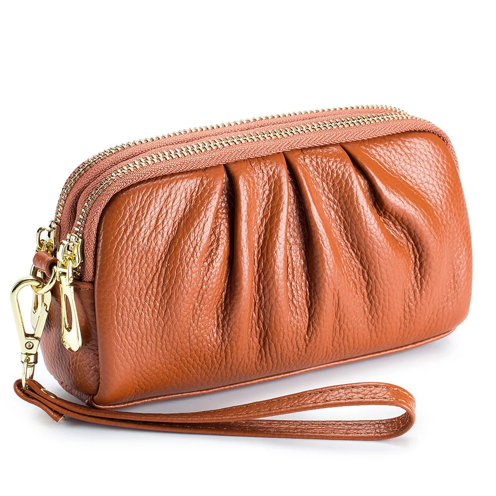 Portefeuille Femme Cuir Véritable Grande Capacité - Porte-Monnaie Long Zippé Multifonction avec Dragonne