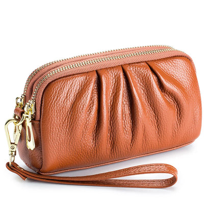 Portefeuille Femme Cuir Véritable Grande Capacité - Porte-Monnaie Long Zippé Multifonction avec Dragonne