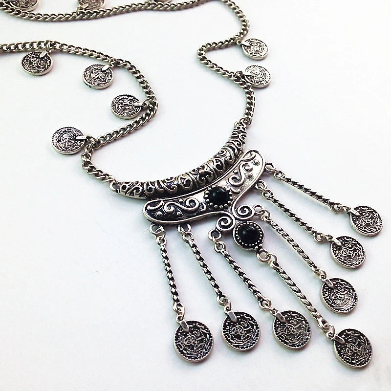 Collier Long Bohème Pièces Pompons – Sautoir Statement Gypsy Vintage