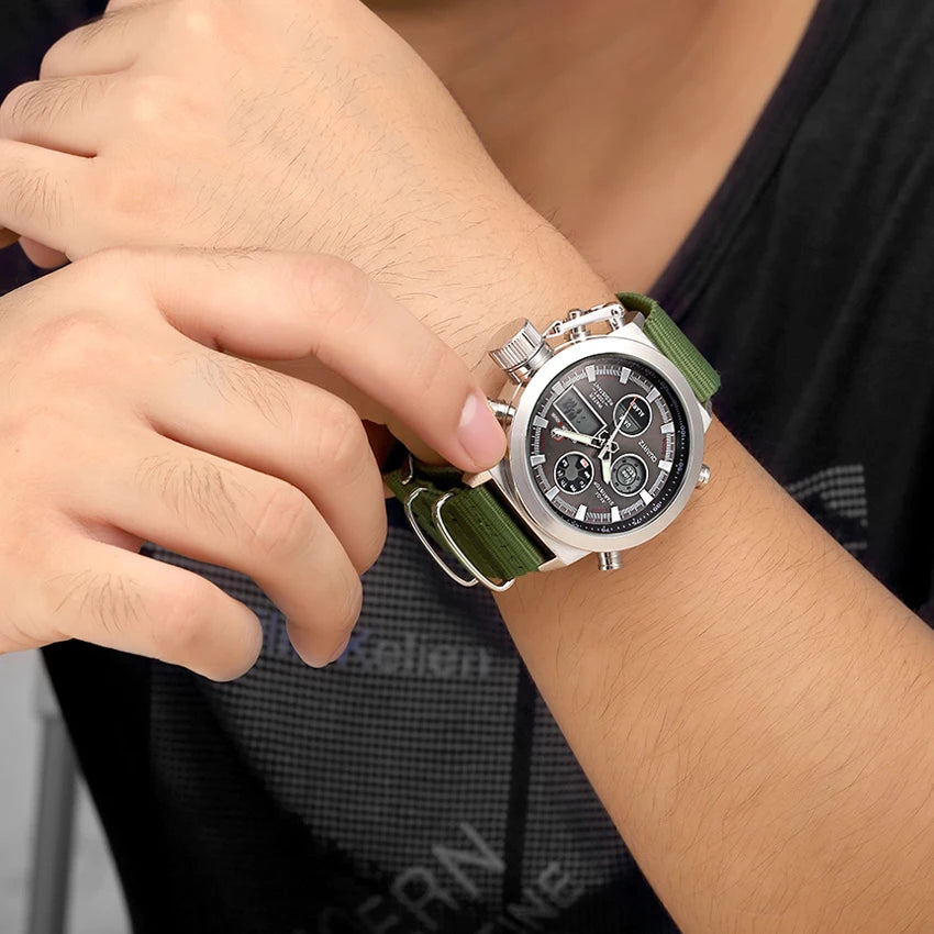 Montre Sport Homme GOLDENHOUR Militaire LED - Quartz Nylon Semaine Armée Relogio Masculino