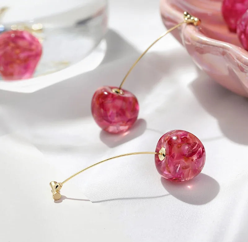 Boucles d'Oreilles Femme Acrylique Cerise - Bijoux Géométriques Pendantes Élégantes