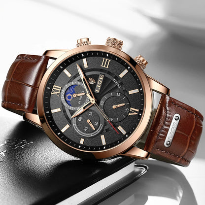 Montre Homme LIGE Luxe Cuir Quartz Étanche - Sport Casual Chronographe Relogio Masculino