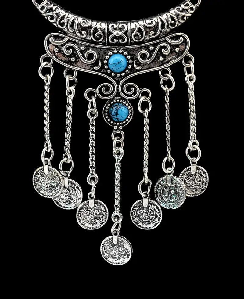 Collier Long Bohème Pièces Pompons – Sautoir Statement Gypsy Vintage