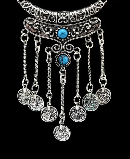 Collier Long Bohème Pièces Pompons – Sautoir Statement Gypsy Vintage