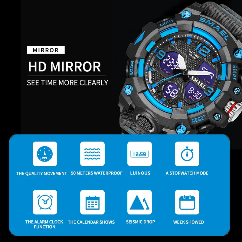 Montre Sport Militaire Homme LED - Alarme Chronomètre Étanche Dual Time