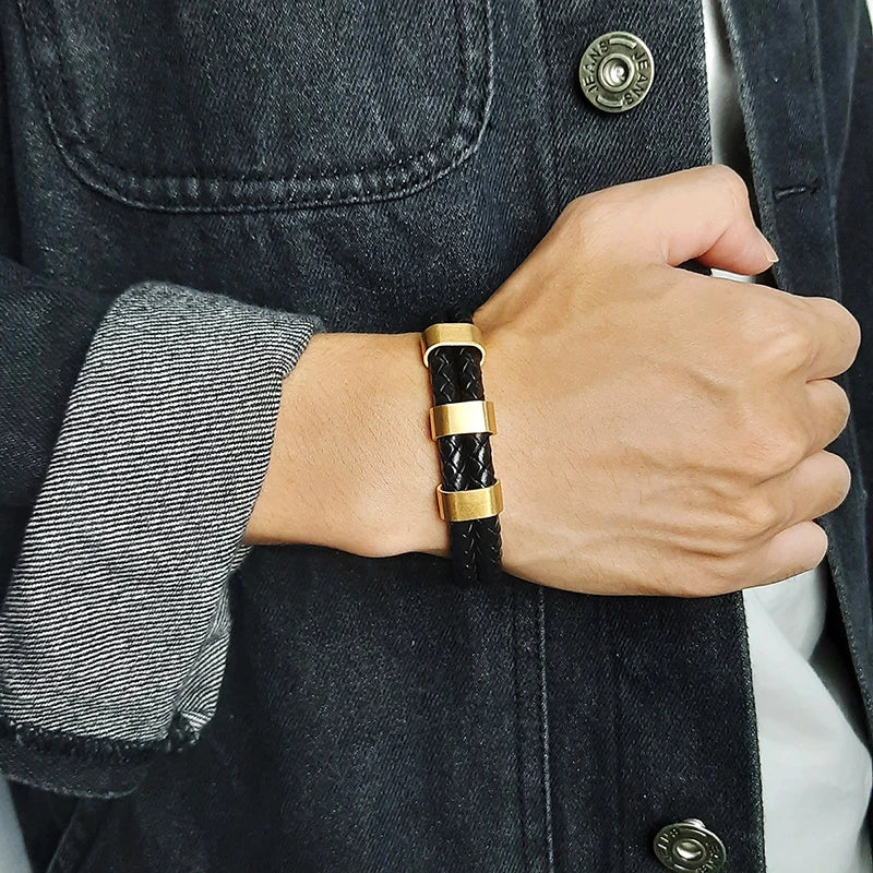 Bracelet Cuir Tressé Noir Homme Personnalisé - Perles Gravure Prénom Famille - Bijou Inspirant