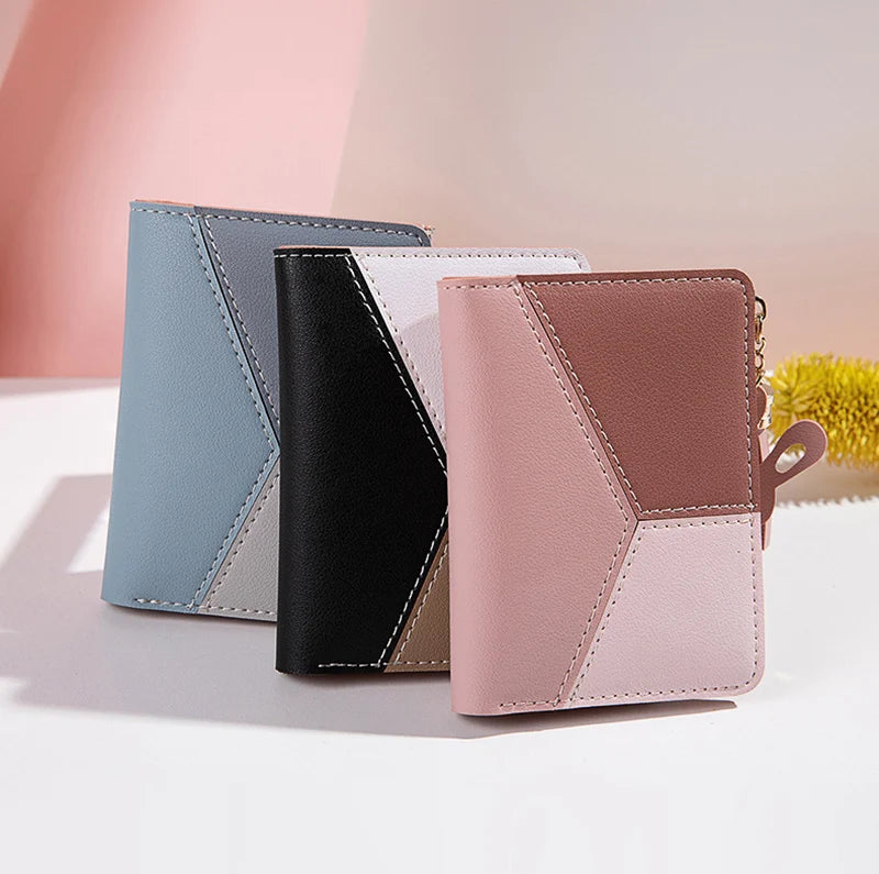 Portefeuille Femme Court avec Pompon - Porte-Monnaie PU Bicolore
